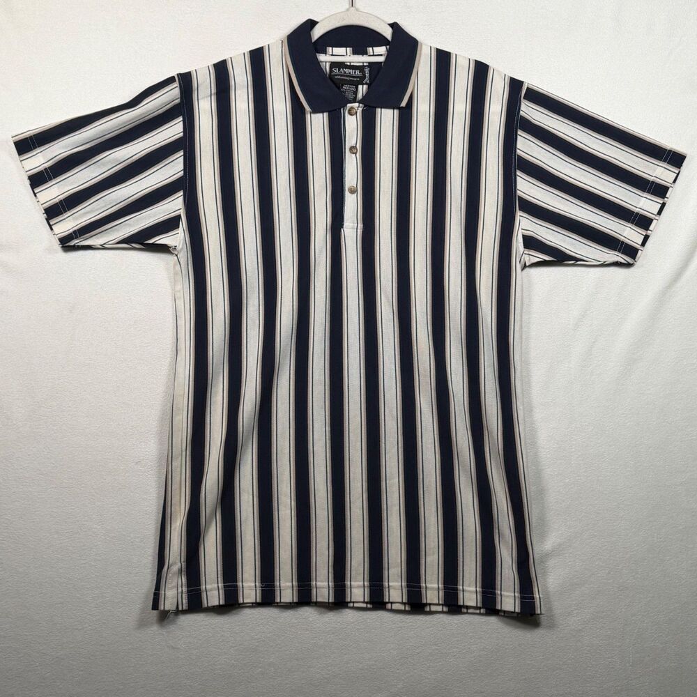 Munsingwear Slammer Striped Polo Shirt Men Medium Blue Tan Golf Classic